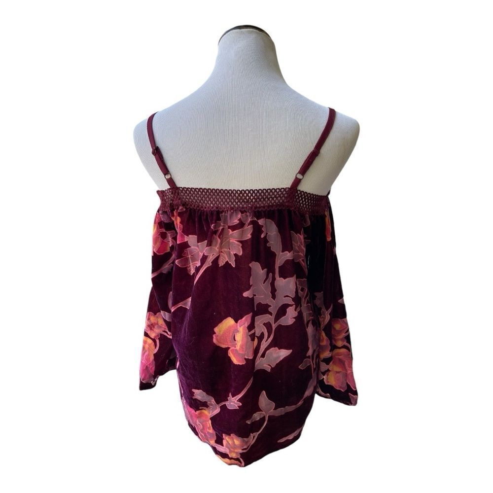 American Rag Floral Velvet Burnout Burgundy Off the Shoulder Size Small Bohemian - Picture 7 of 9